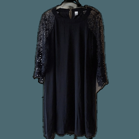 BLACK SHIFT DRESS WITH LACE BELL SLEEVES FLOWY A-LINE SIZE LARGE SWING TRAPEZE - Picture 1 of 10